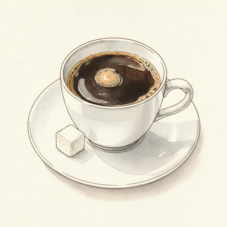 白磁のカップとソーサーに注がれた濃いコーヒー。ソーサーに角砂糖がひとつ。